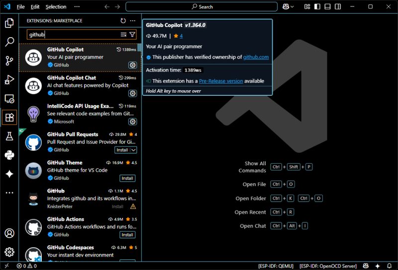 VS Code 확장 마켓플레이스의 깃허브 코파일럿 설치 화면
