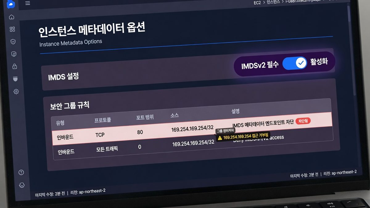 클라우드 콘솔에서 인스턴스 메타데이터 옵션과 보안 그룹을 점검하는 장면