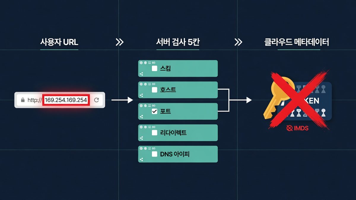 사용자 URL, 서버 검사 다섯 칸, 클라우드 메타데이터 차단을 나란히 그린 비교 그림