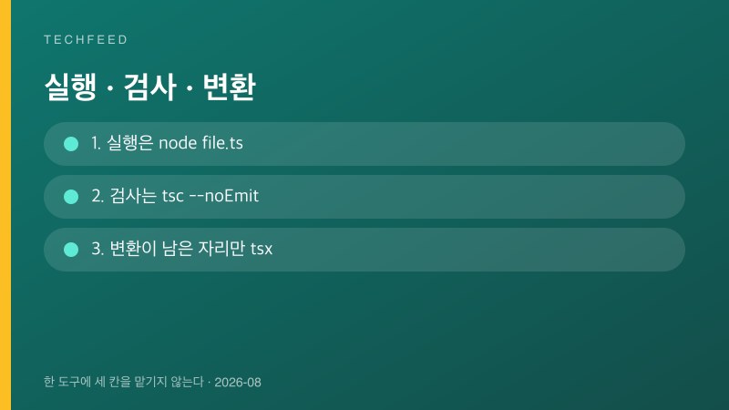 노드 실행과 tsc 검사, tsx 변환을 나눈 역할 표