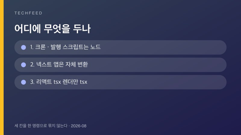 크론은 노드 직접 실행, 넥스트는 자체 변환, 리액트 tsx만 tsx를 남기는 순서