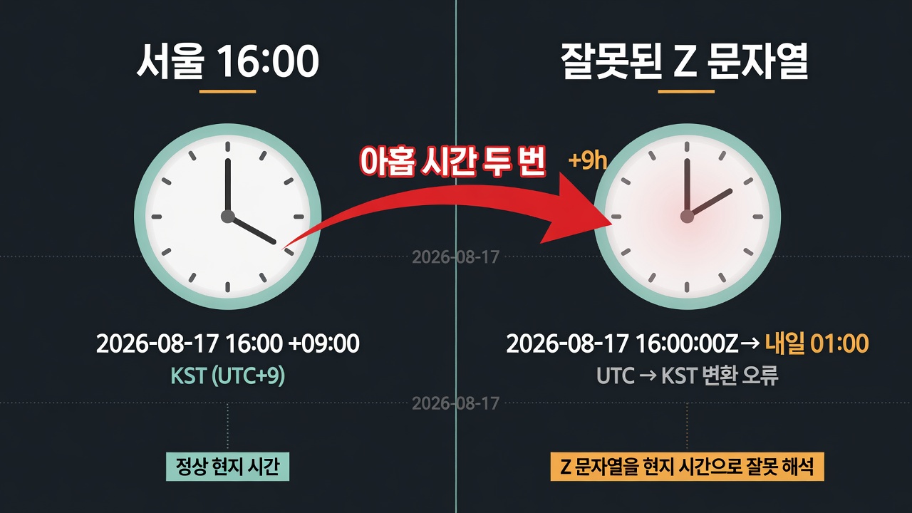 서울 16:00에 +09:00을 붙인 시각과 같은 숫자에 Z를 붙여 내일 01:00으로 읽히는 비교