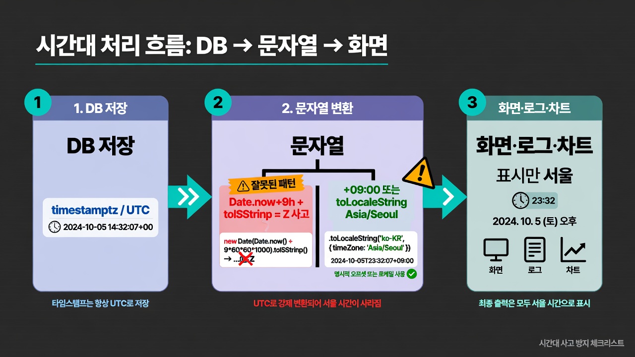 디비는 타임스탬프츠로 저장하고, 문자열은 +09:00 또는 협정시, 화면만 서울로 그리는 세 단계