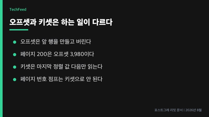 오프셋은 앞 행을 버리고 키셋은 마지막 정렬 값 다음만 읽는 비교