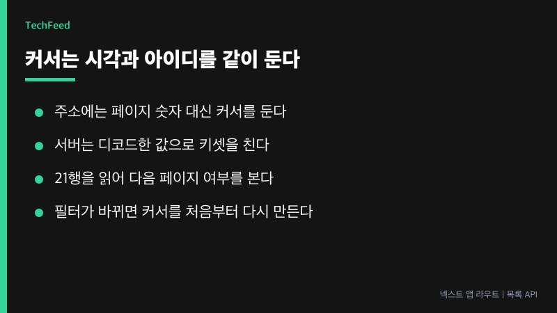 넥스트 앱이 커서 토큰을 쿼리로 넘기고 서버가 키셋 조건으로 다음 20행을 읽는 흐름