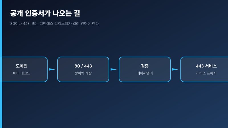 공개 인증서가 나오는 순서. 도메인, 80과 443, 에이씨엠이 검증, 리버스 프록시
