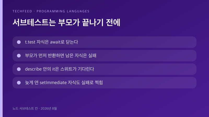 서브테스트를 await하지 않으면 부모가 먼저 끝나 자식이 실패로 찍히는 흐름