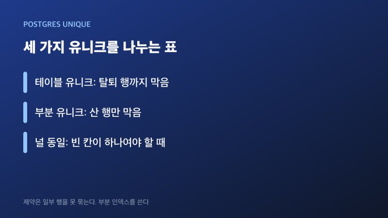 부분 유니크와 널 동일 유니크, 테이블 유니크를 소프트 삭제 상황에 나눈 비교