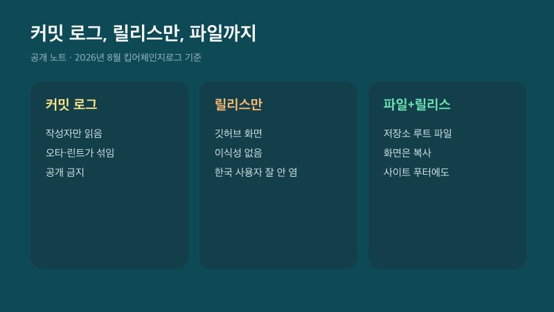 커밋 로그와 깃허브 릴리스만 있는 경우, 체인지로그 파일을 같이 쓰는 경우를 나눈 세 칸
