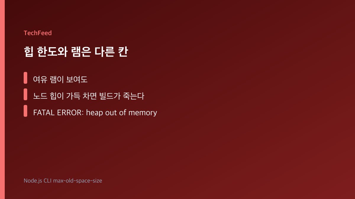 넥스트 빌드가 노드 힙 한도를 넘어 heap out of memory로 죽는 개념 이미지