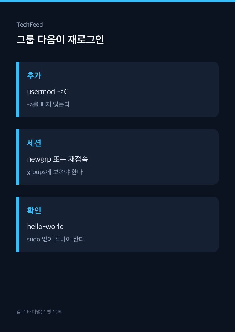 docker 그룹 추가 후 재로그인해야 groups에 docker가 보이는 순서 그림